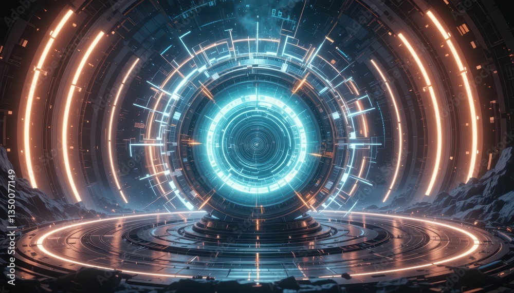 Poster futuristic digital portal with glowing patterns and tech elements