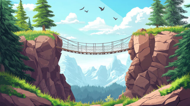 Fototapeta Suspension rope bridge in mountains. Vector cartoon illustration of rocky canyon landscape, fir tree forest, green grass on cracked stones, birds flying in blue sunny sky, travel adventure background