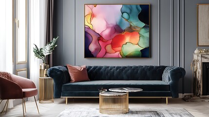 A stylish living room featuring a colorful abstract painting above a cozy sofa.