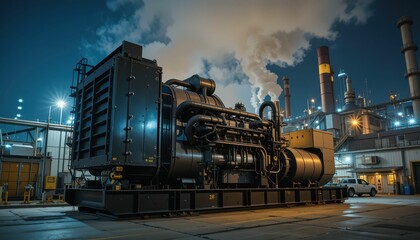 Obraz premium Industrial Power Generator at Night with Smoke and Machinery Background