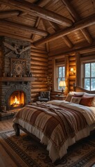 Cozy Log Cabin Bedroom with Rustic Decor and Warm Fireplace