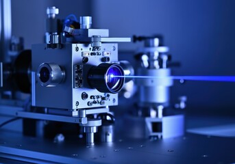 Fototapeta premium High-tech laser equipment emitting a blue beam in a laboratory setting