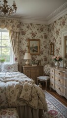 Fototapeta premium Cozy Vintage Bedroom with Floral Wallpaper and Elegant Decor