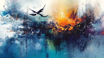 Naklejka premium Raven Soaring Over Burning City.