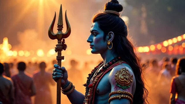 A depiction of Lord Shiva holding a golden Sacred Trident, set against a softly lit background. Concept of spirituality. Happy Maha Shivaratri. Hindu festival Maha Shivratri