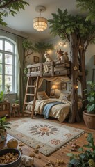 Cozy Kids Room with Treehouse Bed and Nature-Inspired Decor