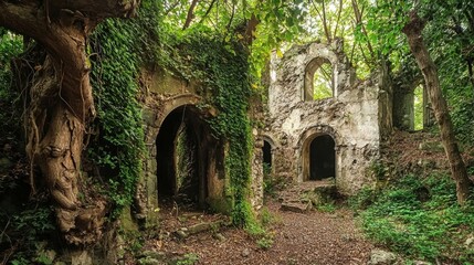 Fototapeta premium Abandoned Stone Ruins Surrounded by Lush Greenery and Trees