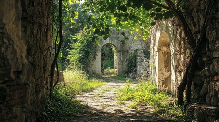 Fototapeta premium Abandoned Pathway in Overgrown Ruins Surrounded by Nature's Beauty