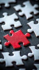 A single red jigsaw piece stands out amidst many white pieces