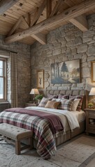 Cozy Rustic Bedroom with Stone Walls and Warm Wooden Accents