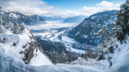 Obraz premium Majestic Winter Landscape with Snow-Covered Mountains and Valley