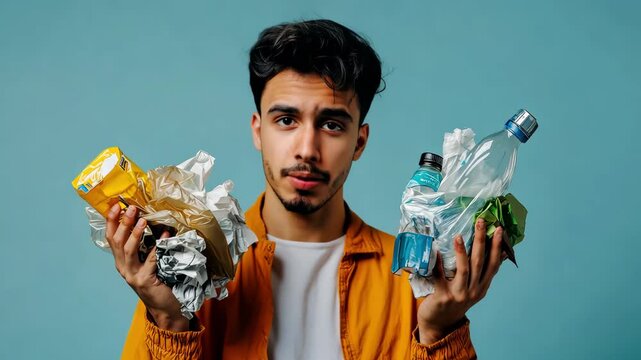 Young man holds segregated waste showing plastic and paper for recycling concept, for Earth Day, International Day of Zero Waste.