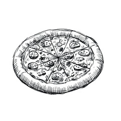 Vector freehand pizza scribble isolated on white background. Texture of writing materials. Handwritten doodles and pencil strokes. Hand drawn pepperoni line art
