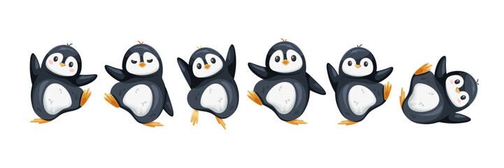 Vector set of cute little dancing penguins, clipart illustrations on a white background, simple cartoon kids' style, Antarctic animals