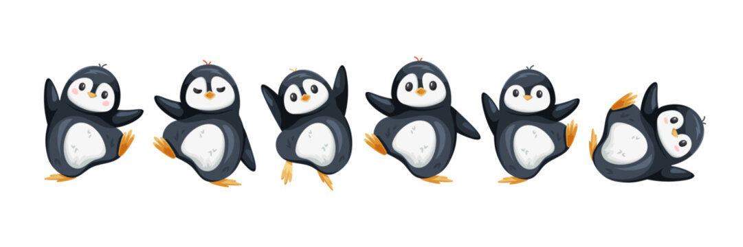 Vector set of cute little dancing penguins, clipart illustrations on a white background, simple cartoon kids' style, Antarctic animals