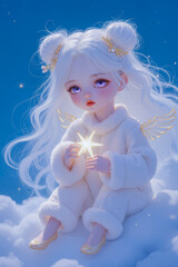 Fototapeta premium A white doll with purple eyes sits on a cloud. The doll is wearing a white sweater and holding a star.