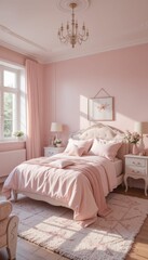 Fototapeta premium Cozy and Elegant Pink Bedroom with Natural Light and Soft Bedding