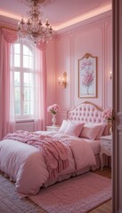 Cozy Pink Bedroom Decor with Elegant Chandeliers and Artwork