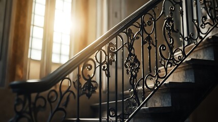 Elegant staircase with ornate railing illuminated by sunlight.