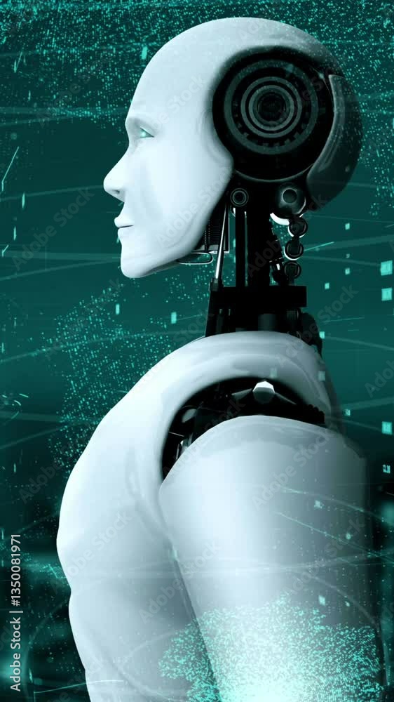 Poster futuristic robot artificial intelligence huminoid ai data analytic technology development and machin