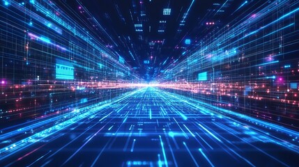 Fototapeta premium Abstract Digital Technology Tunnel Futuristic Neon Blue Pink Lines Data Stream Network Information Highway Speed Light Bright Modern Background Design