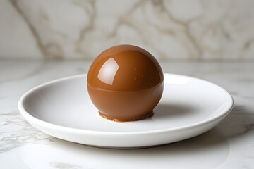 Chocolate sphere dessert served on a white plate with a marble background in an elegant restaurant setting