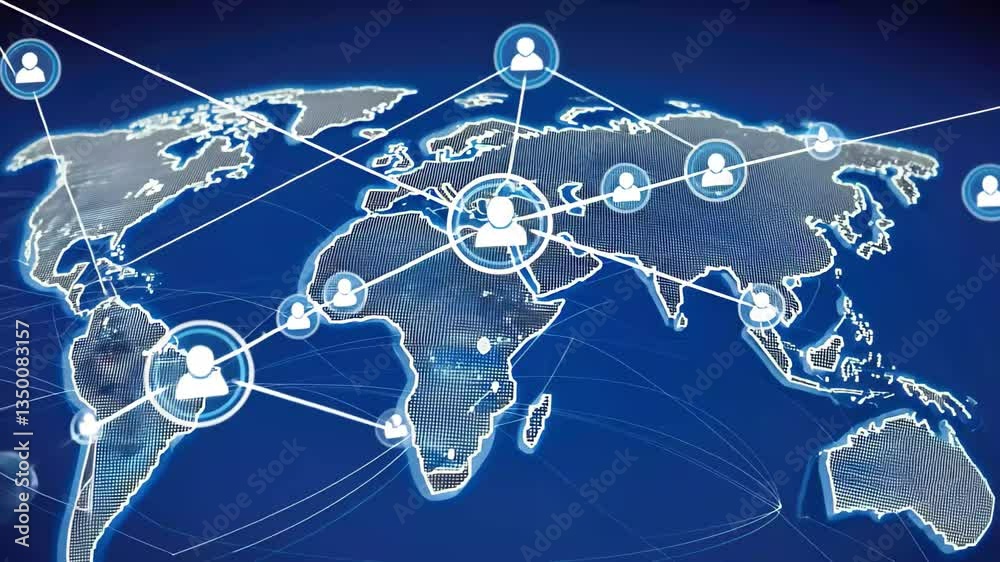 Poster global network connections illustrating digital data processing across continents, digital data proc