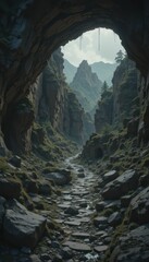 Serene Mountain Valley View through Natural Stone Archway Landscape
