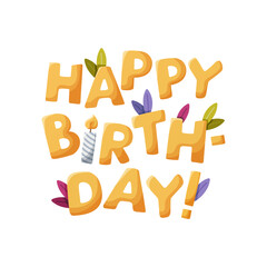 Birthday-themed vector illustration on a white background featuring playful bold yellow letters with leaves and candles