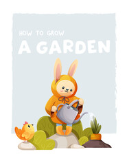 Gardening poster with a light blue and white background. Features a little bunny watering a big carrot, with a small chicken standing nearby, vector illustration on a blue background