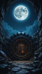 Fototapeta premium Enchanted Doorway Beneath Full Moon with Mystical Atmosphere