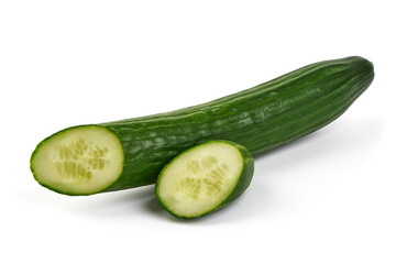Fresh cucumber with sliced pieces isolated on white background.