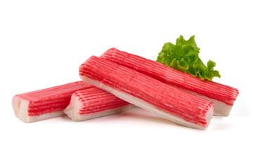 Delicious, fresh crab sticks, crabmeat, isolated on white background.