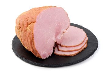 Smoked pork loin, isolated on white background.