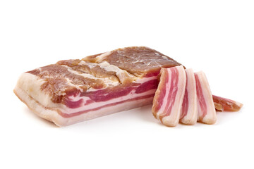 Smoked bacon slices, isolated on white background.