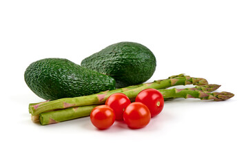 Fresh Avocado, Asparagus, and Cherry Tomatoes. Isolated on White Background.