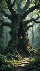 Naklejka premium Enchanted Forest with Giant Tree and Mystical Doorway Entrance