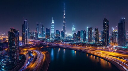 Fototapeta premium Stunning Night Cityscape of Dubai with Skyscrapers and River Views