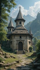 Majestic Stone Church Surrounded by Lush Green Mountains and Trees