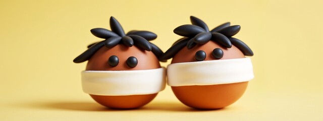Fototapeta premium A close up of two chocolate Easter eggs wrapped in white tape.