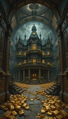 Fototapeta premium Enigmatic Mansion Surrounded by Gold Bars and Dark Clouds Above