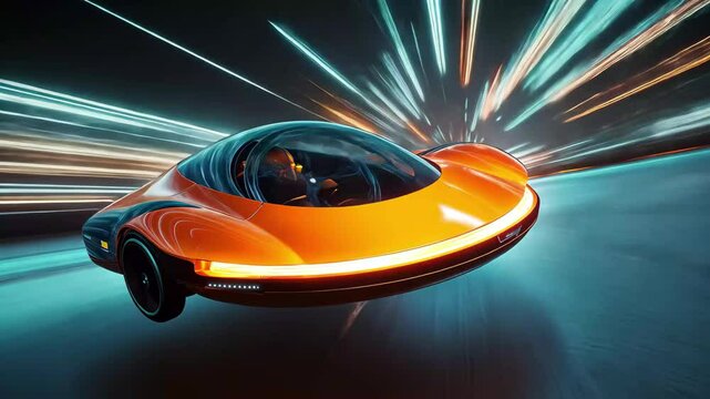 Futuristic hovercar glides smoothly through a vibrant city at night, showcasing advanced technology and dynamic design, An unmanned hovercar of the future levitates at high speed in abstract space
