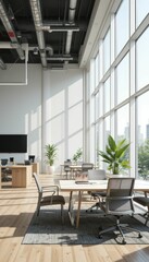 Fototapeta premium Bright and Modern Open Office Space with Large Windows and Greenery