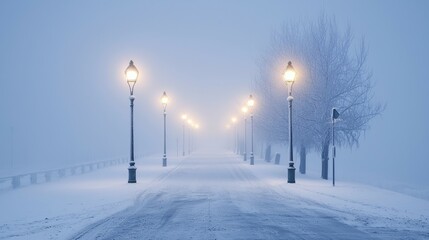 Serene Winter Scene with Street Lamps and Heavy Snowfall at Dusk