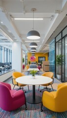 Modern Colorful Office Space with Comfortable Chairs and Tables