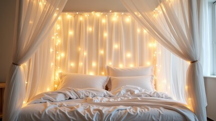 A dreamy canopy bed with sheer white curtains and soft fairy lights surrounding it.