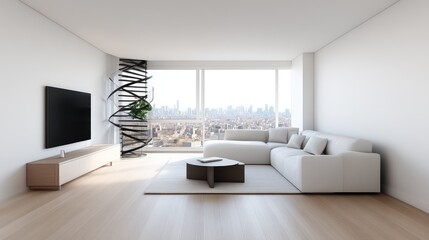 Fototapeta premium Modern minimalist living room with city view (2)