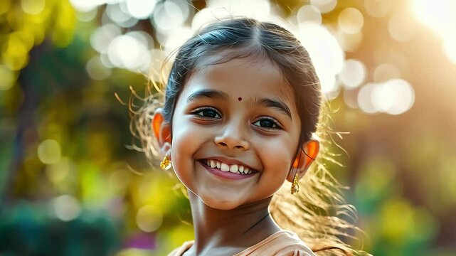 Radiant Joy: Close-up Portrait of a Smiling Indian Young Girl bathed in Golden Sunlight
