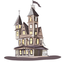Haunted Victorian mansion illustration with spooky design, multiple towers, and eerie ambiance for Halloween decor, party invites, or ghost stories.