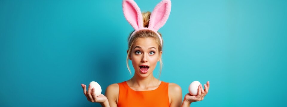 A woman in an orange dress holding two white eggs in her hands.